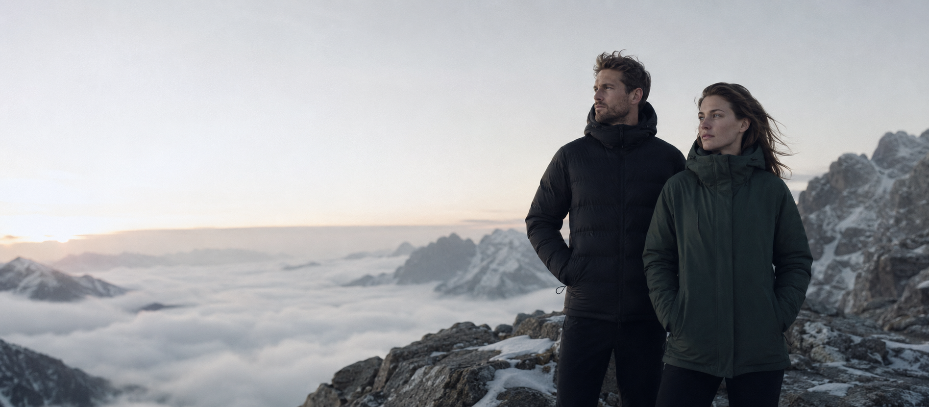 Men's winter outerwear on an alpine ridge above the clouds — Haamashiach.