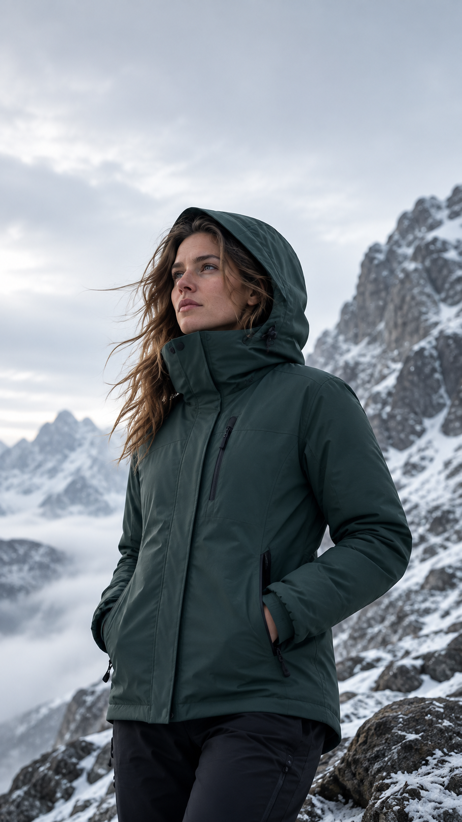 A woman in a pine-green hooded ski jacket on a snowy ridge — Haamashiach.