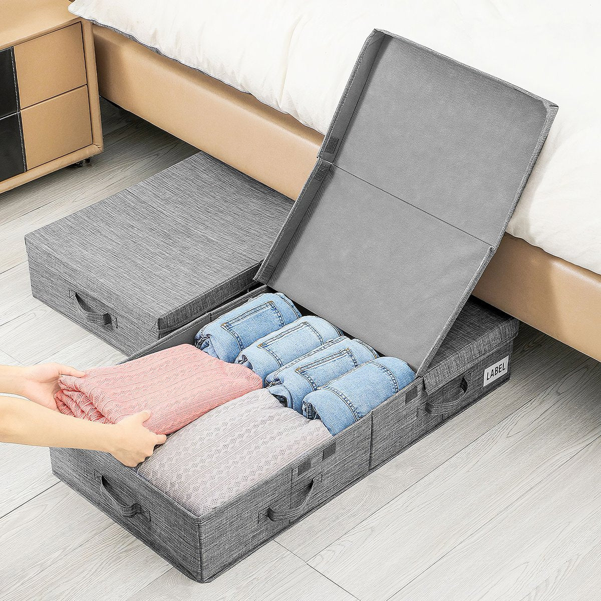 50L foldable linen underbed storage trunk with removable lid and handles