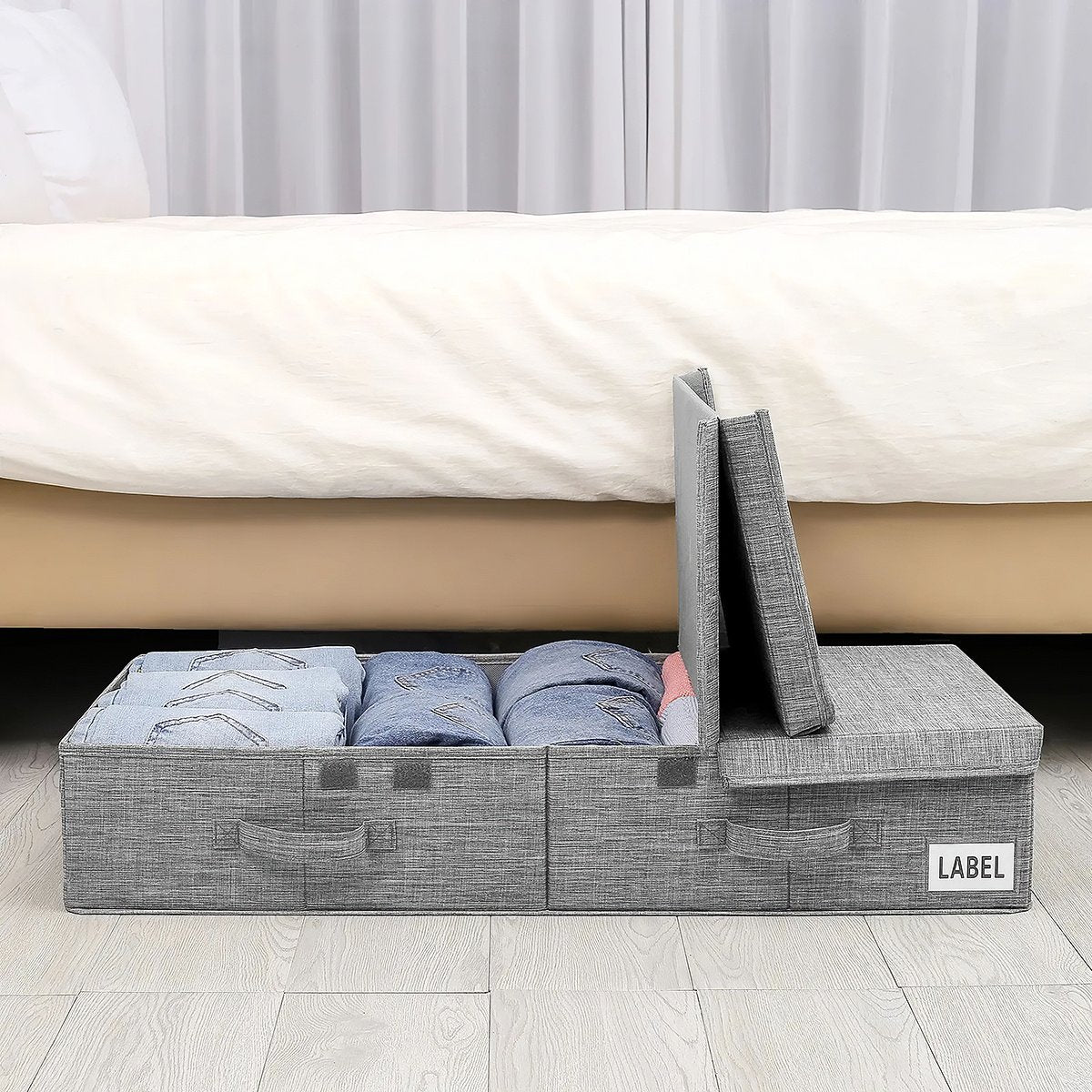 Underbed storage trunk with carry handles in neutral linen finish