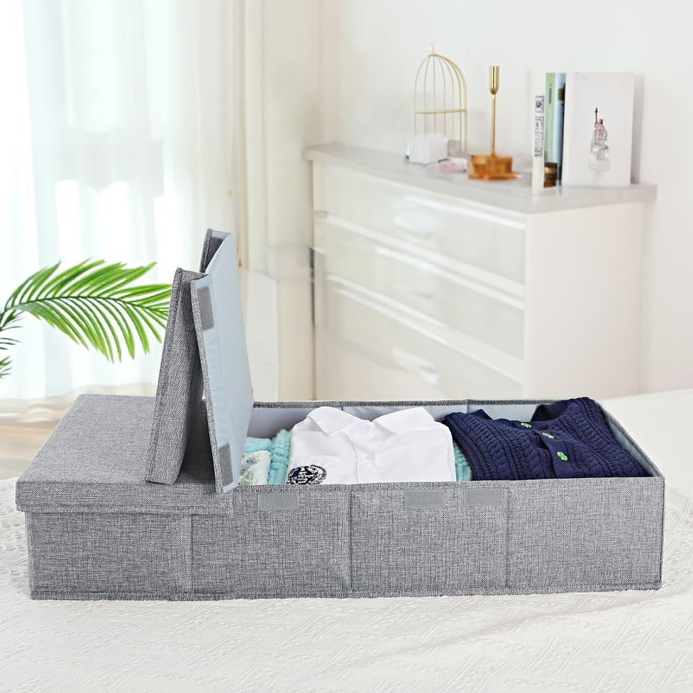 Foldable linen storage container collapsed flat when not in use