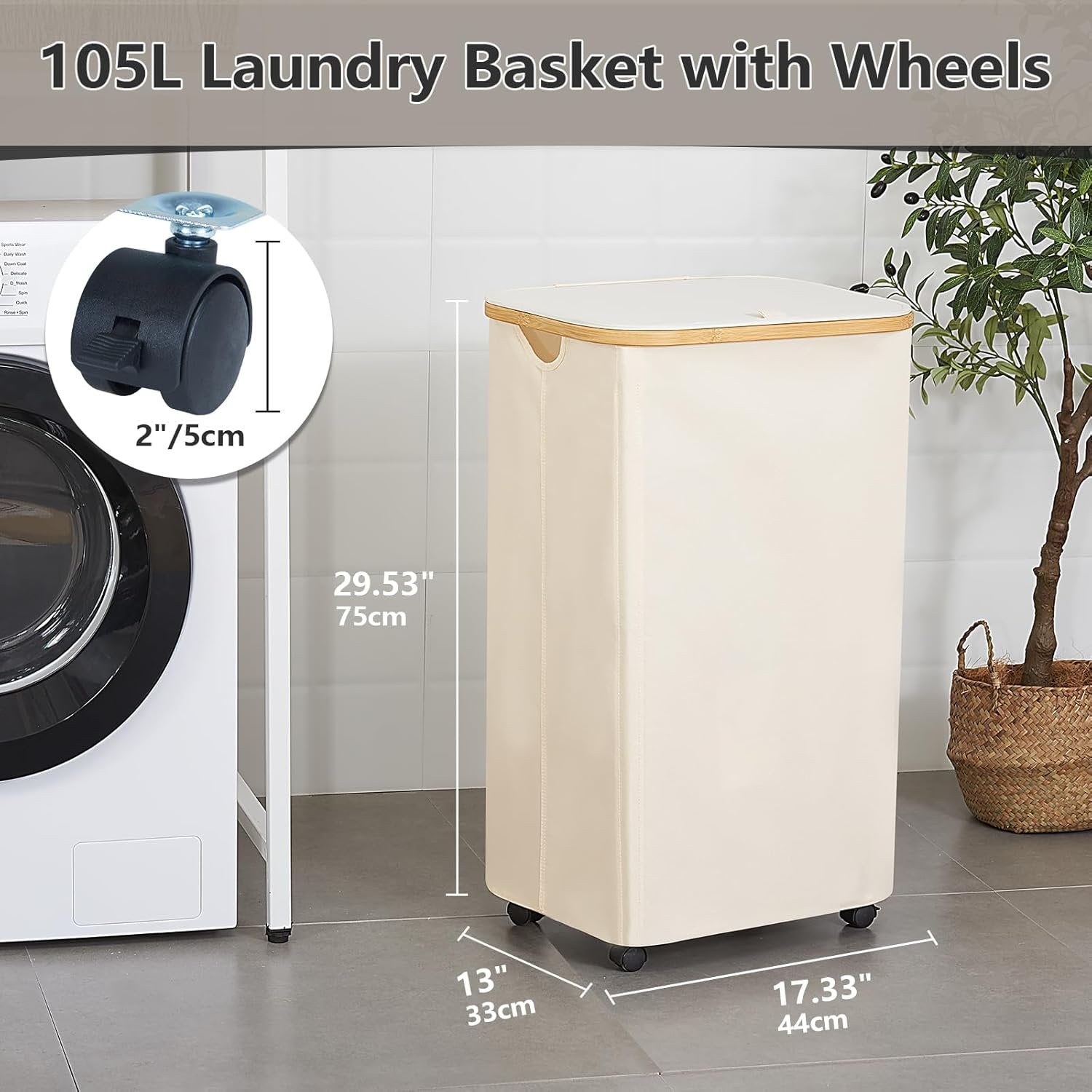 105-Litre Laundry Basket with wheels Lid Large Washing Baskets for Laundry with Laundry Bag Collapsible Laundry Baskets with Handles Laundry Hamper Laundry Bin for Bedroom, Bathroom - image 1