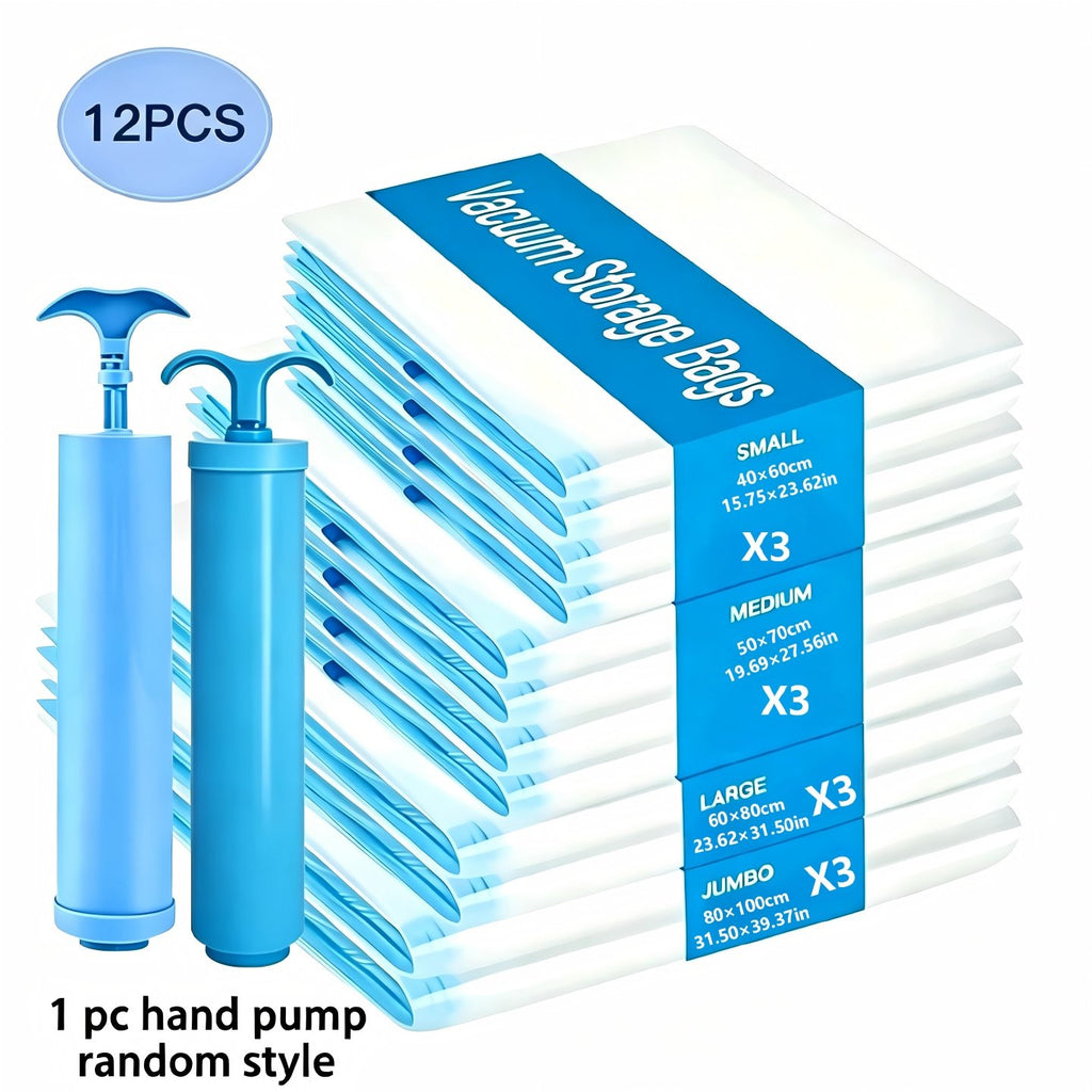 Set of 12 vacuum storage bags with hand pump for space-saving wardrobe and clothes storage