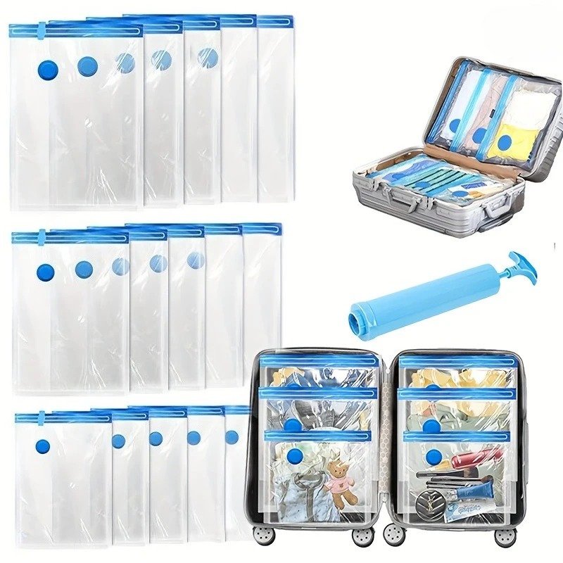 Vacuum compression storage bag filled with folded clothes to save wardrobe space