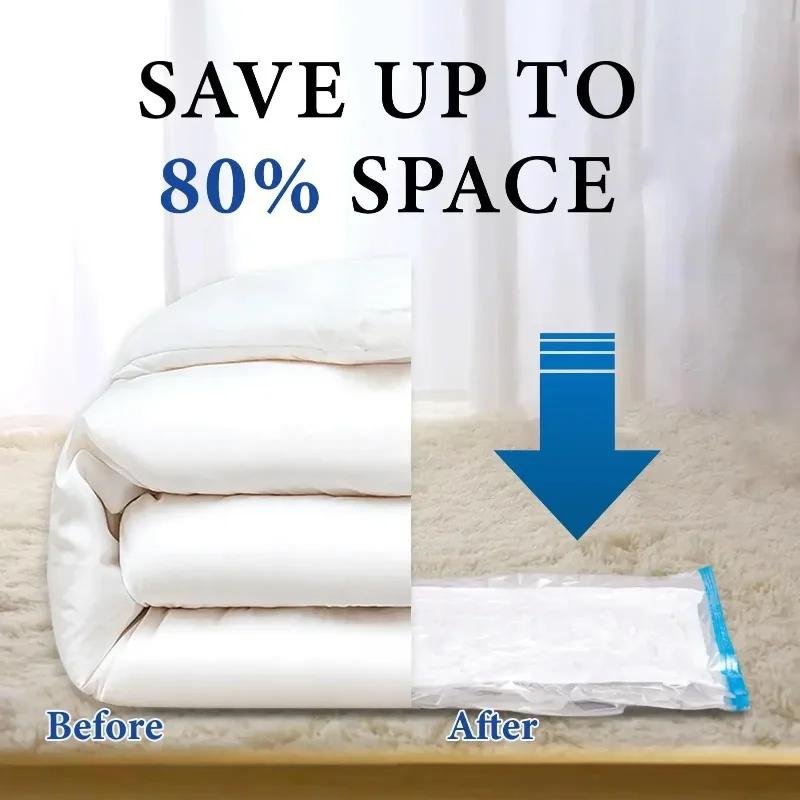 Vacuum storage bags compressing a duvet and blankets for under-bed and travel storage