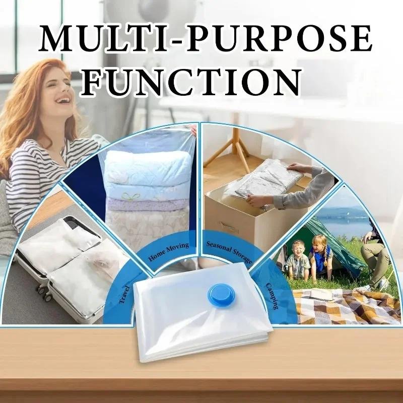 Mixed sizes of vacuum sealed bags for clothes, bedding and luggage organisation