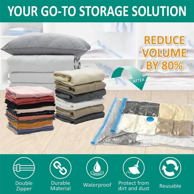 Space-saving vacuum storage bags neatly stored in a wardrobe after compression