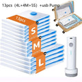 Set of 13 travel vacuum storage bags with rechargeable USB pump for luggage and clothes