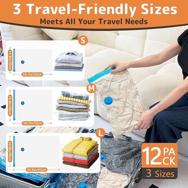 Three sizes of travel vacuum bags: four large, four medium and five small