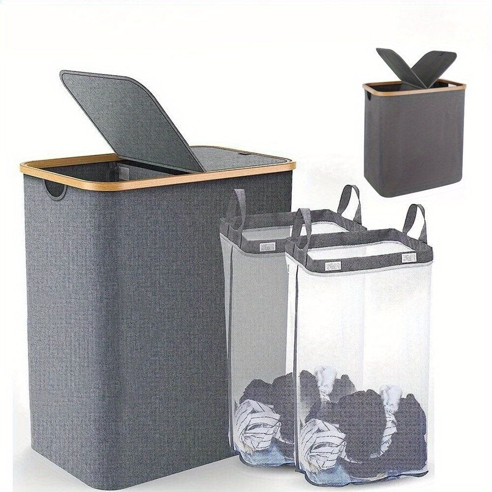 145L Laundry Basket Folding Bin Bag Hamper with Compartment Double Sided, Laundry Baskets - image 1