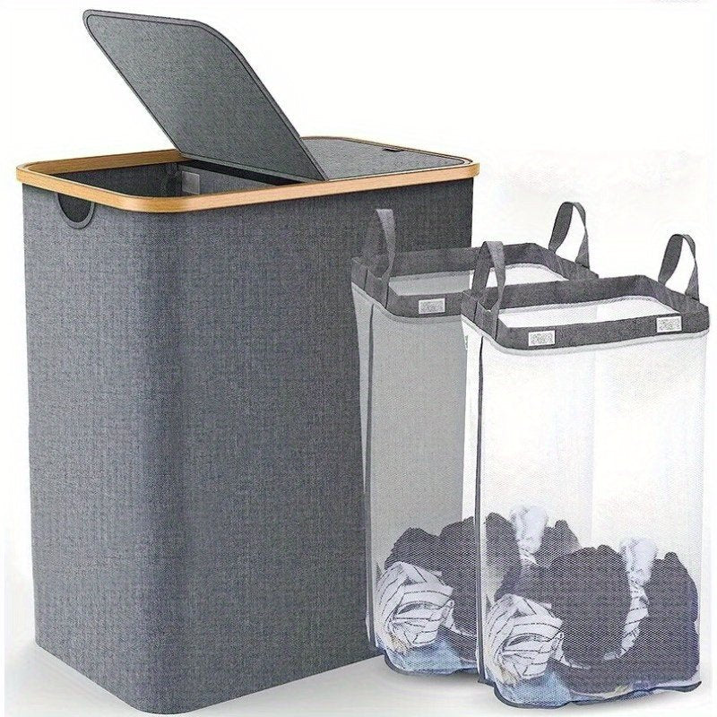 145L Laundry Basket Folding Bin Bag Hamper with Compartment Double Sided, Laundry Baskets - image 2
