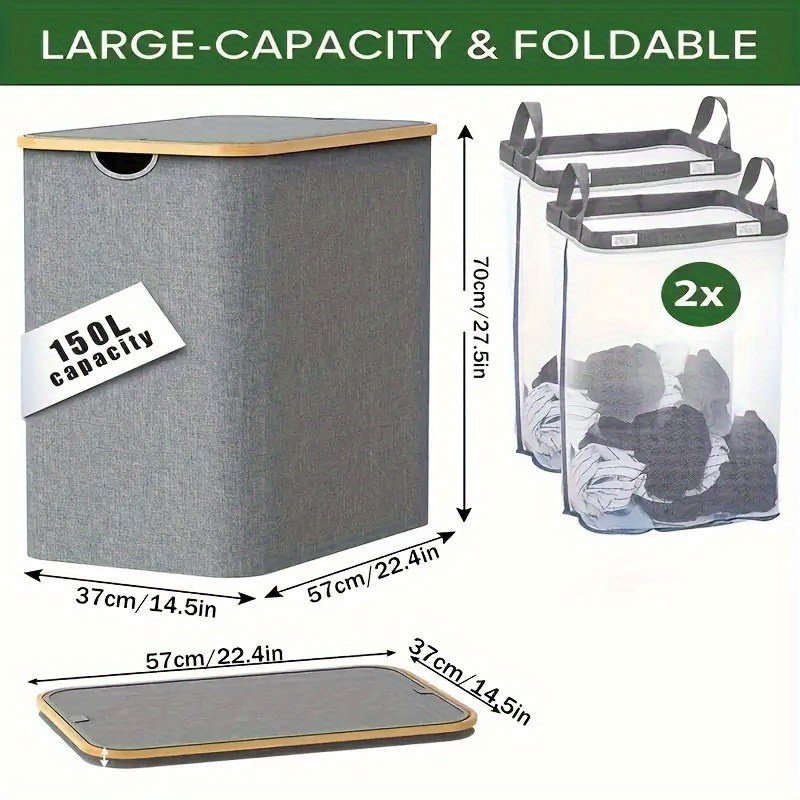 145L Laundry Basket Folding Bin Bag Hamper with Compartment Double Sided, Laundry Baskets - image 3
