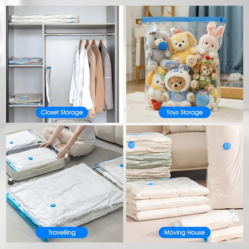 Reusable vacuum compression bag shrinking folded clothes to save wardrobe space