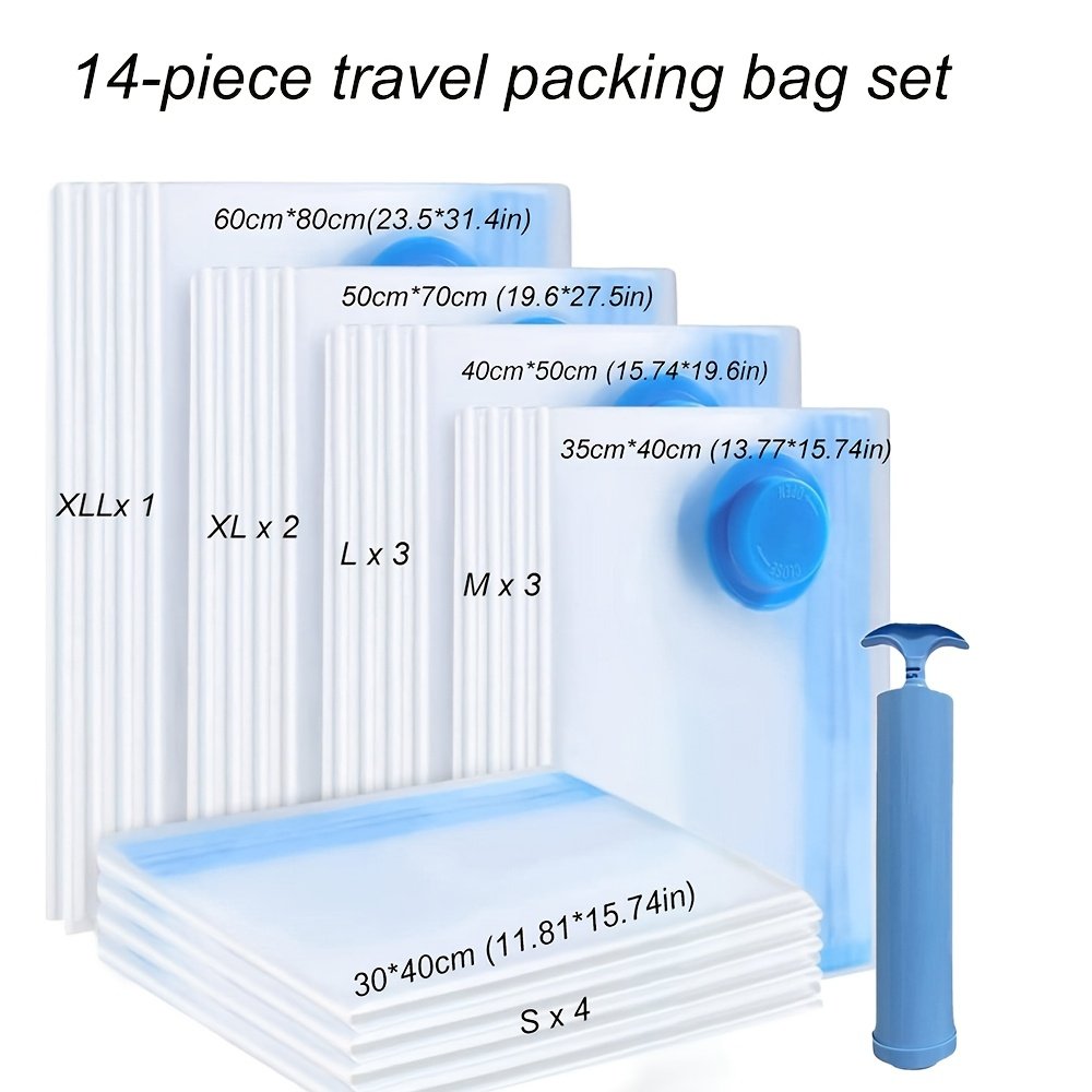 Hand pump removing air from plastic vacuum storage bag with clothes inside