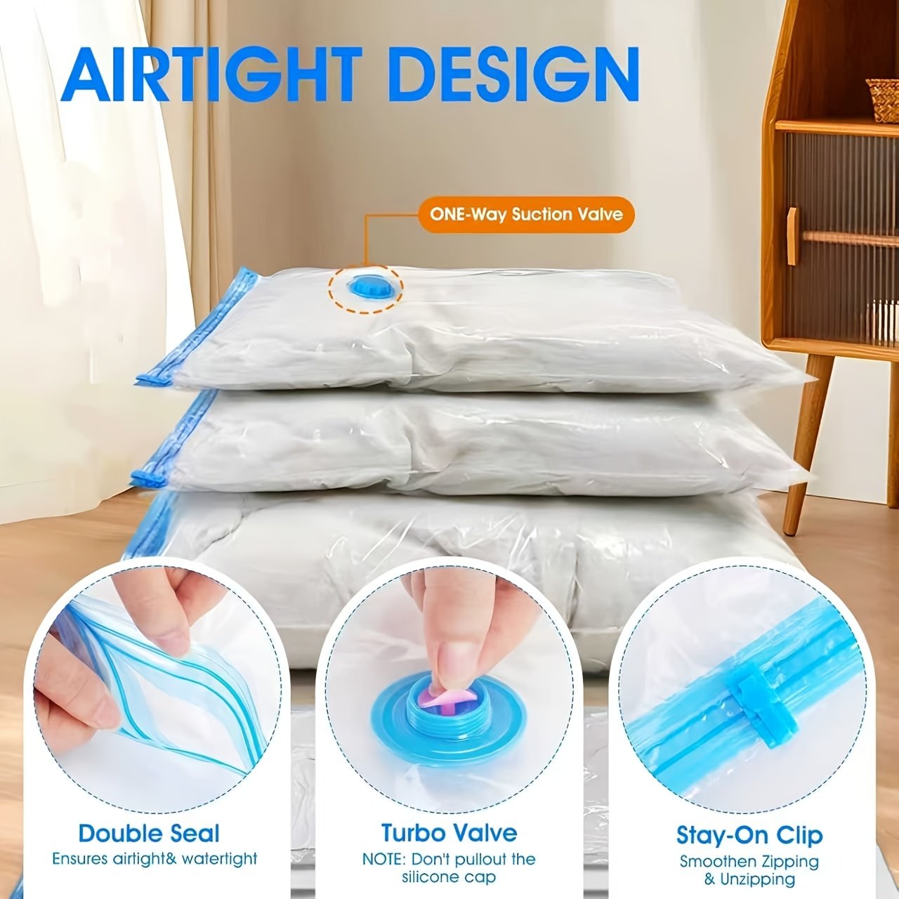 Assorted sizes of space-saving vacuum bags for blankets, bedding, pillows and towels