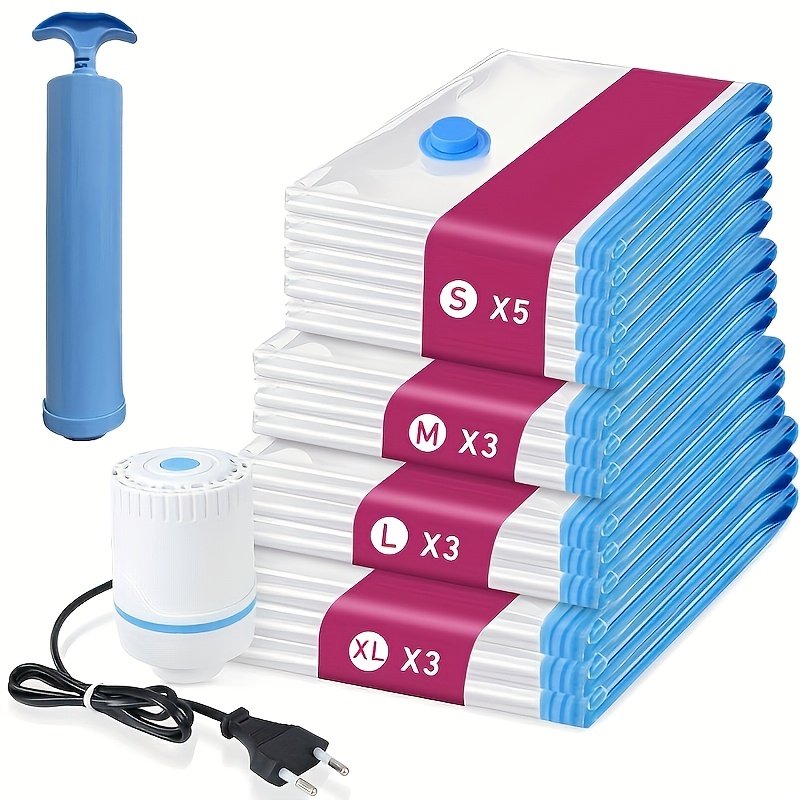 Vacuum storage bags set of 14 with manual hand pump, no electricity needed