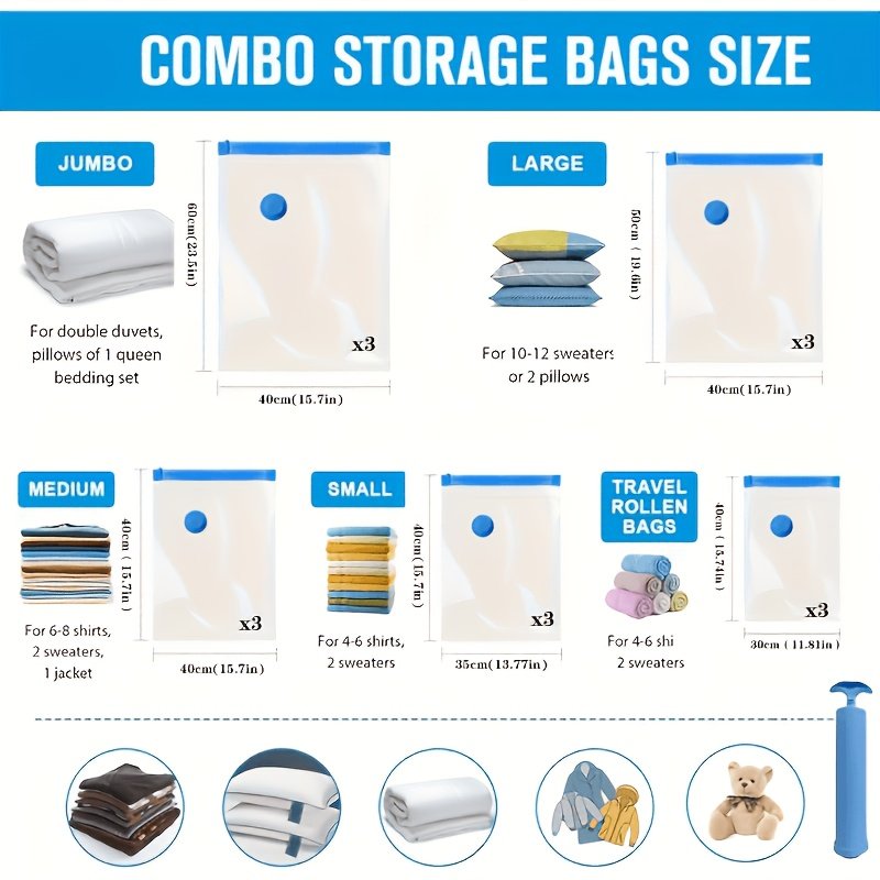 Size chart of rectangular space-saving vacuum bags for clothes and bedding