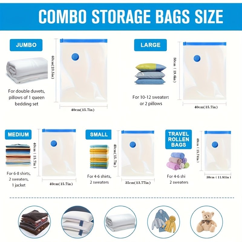 Compressed pillows and comforters in airtight plastic vacuum storage bags