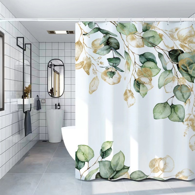 White luxury shower curtain with eucalyptus leaf and golden vine pattern