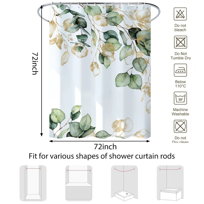 Eucalyptus and gold vine shower curtain hanging over bathtub