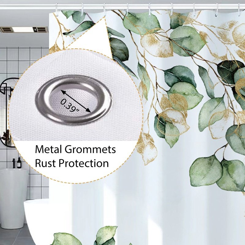 Heavy-duty white spa-style shower curtain with 12 hooks