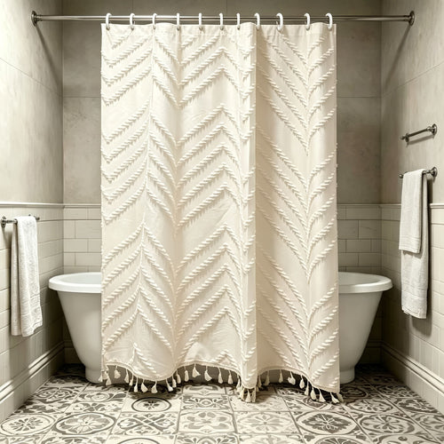 1pc Bohemian Style Tassel Shower Curtain, Jacquard Fabric, Bathroom Partition Curtain, with 12pcs Hooks, Home Decor - image 1