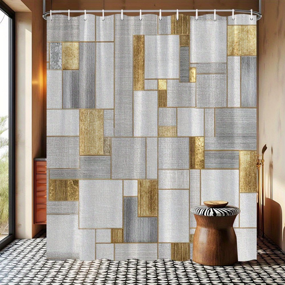 Geometric shower curtain with grey and gold square pattern