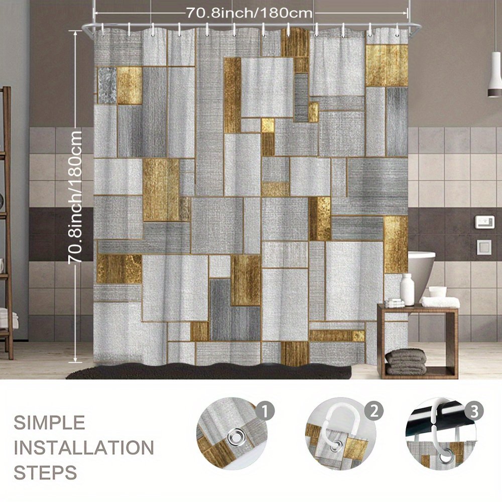 Grey and gold geometric shower curtain hanging over bathtub
