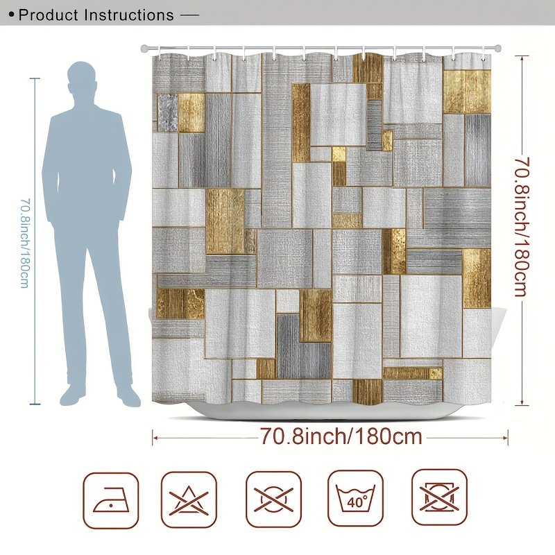 Close-up of abstract grey golden square pattern on shower curtain