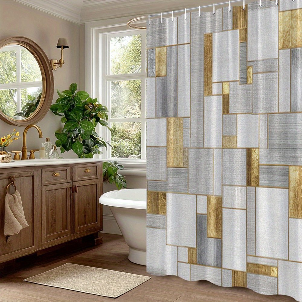 Modern geometric polyester shower curtain in elegant bathroom
