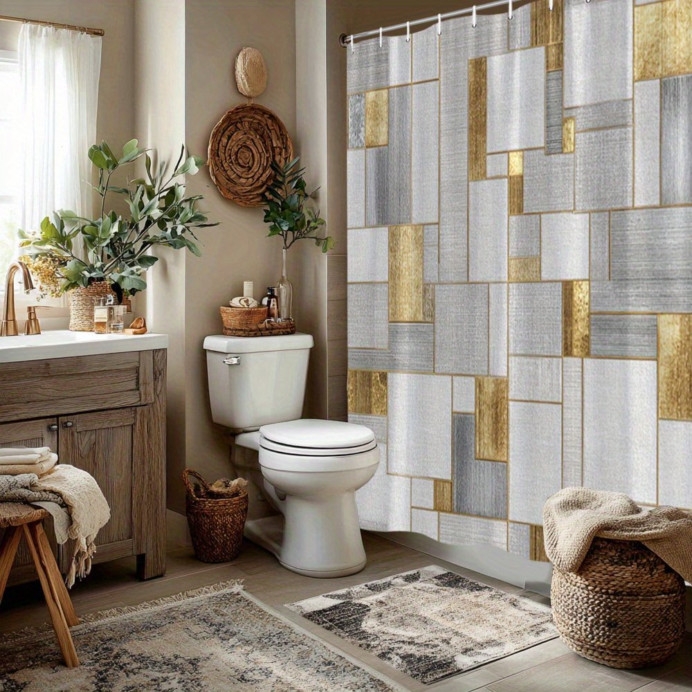 Grey gold geometric bathroom curtain with hooks