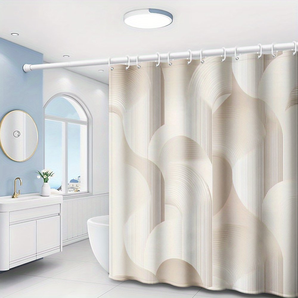 1pc Light Brown Curved Line Pattern, Modern Minimalist Style Printed Shower Curtain with Plastic Hooks, Suitable for Home and Hotel, Machine Washable Bathroom Curtain - image 1