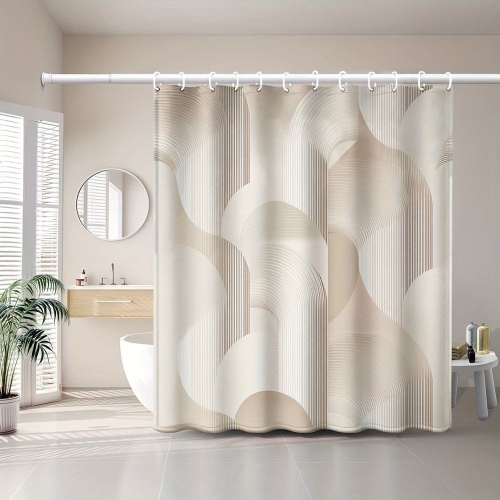 1pc Light Brown Curved Line Pattern, Modern Minimalist Style Printed Shower Curtain with Plastic Hooks, Suitable for Home and Hotel, Machine Washable Bathroom Curtain - image 3