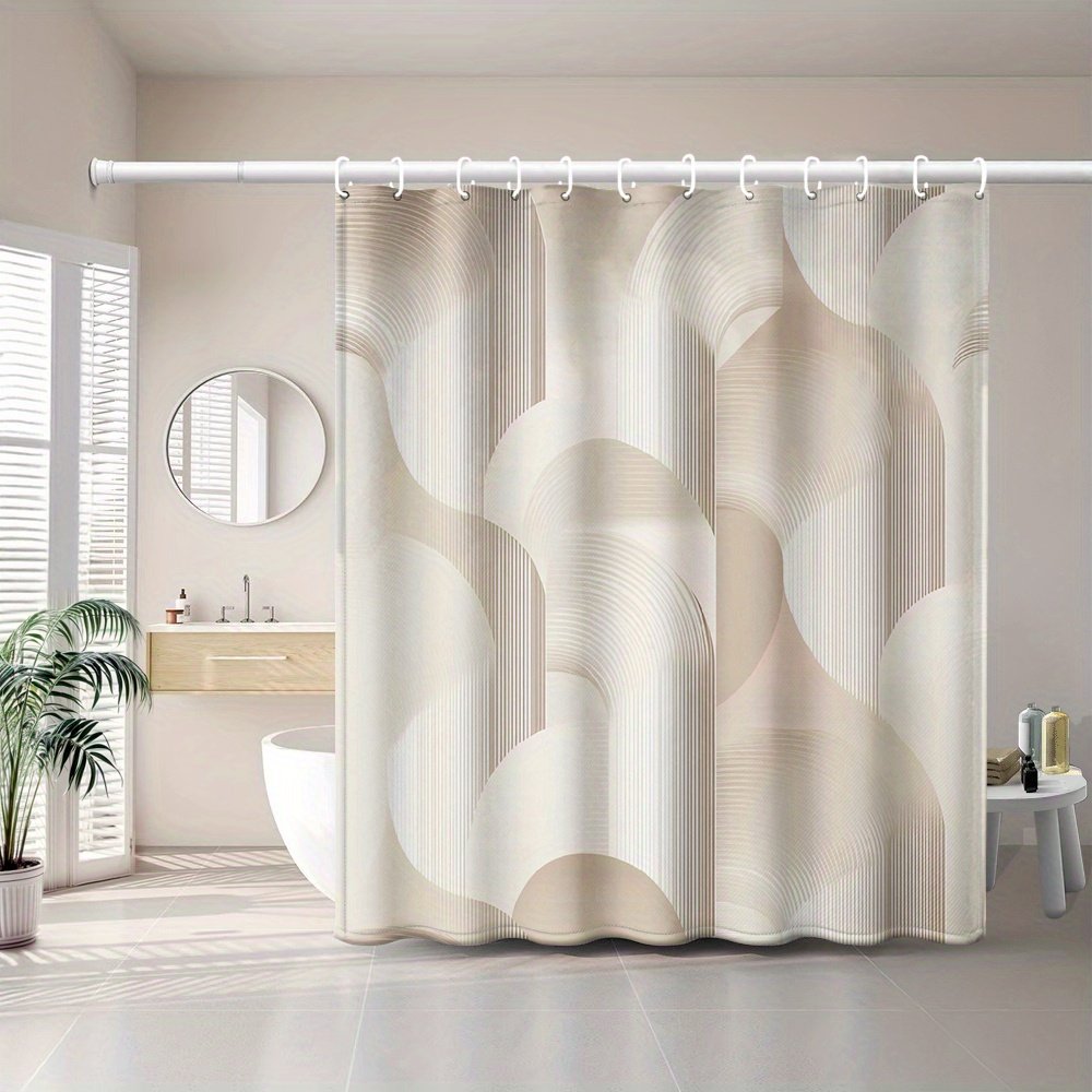 1pc Light Brown Curved Line Pattern, Modern Minimalist Style Printed Shower Curtain with Plastic Hooks, Suitable for Home and Hotel, Machine Washable Bathroom Curtain - image 4