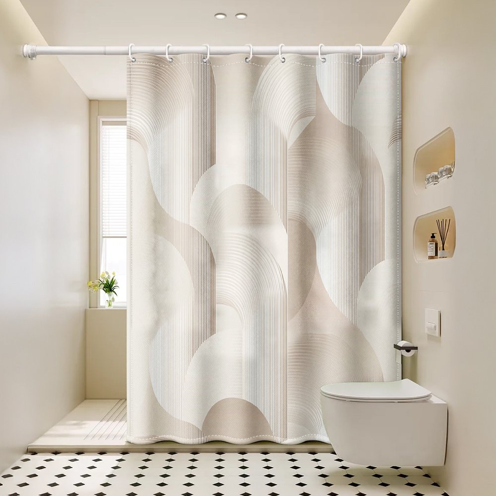 1pc Light Brown Curved Line Pattern, Modern Minimalist Style Printed Shower Curtain with Plastic Hooks, Suitable for Home and Hotel, Machine Washable Bathroom Curtain - image 6