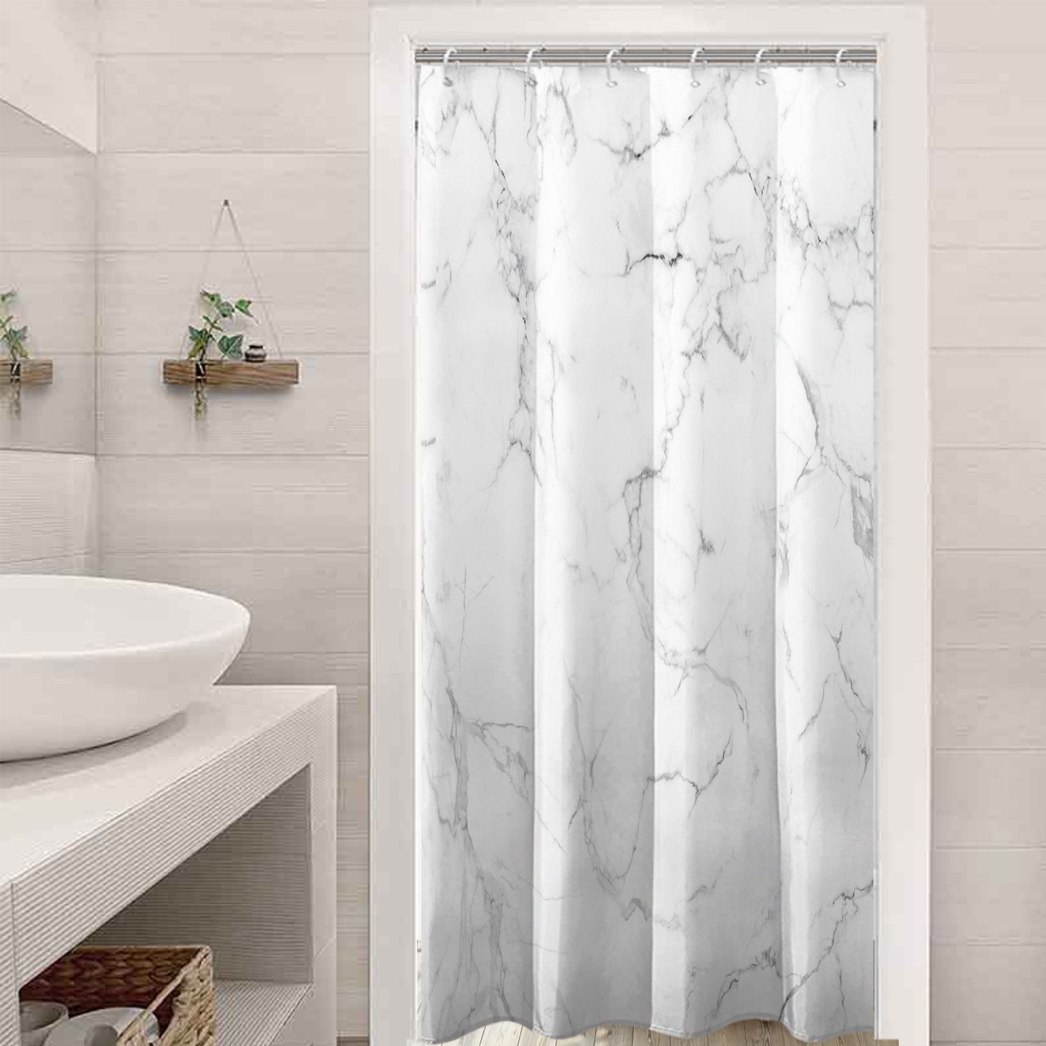 Artistic marble shower curtain in minimalist bathroom