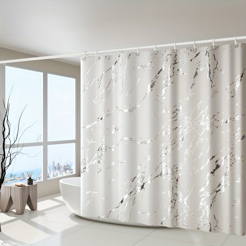 Close-up of black silver marble veining on polyester shower curtain