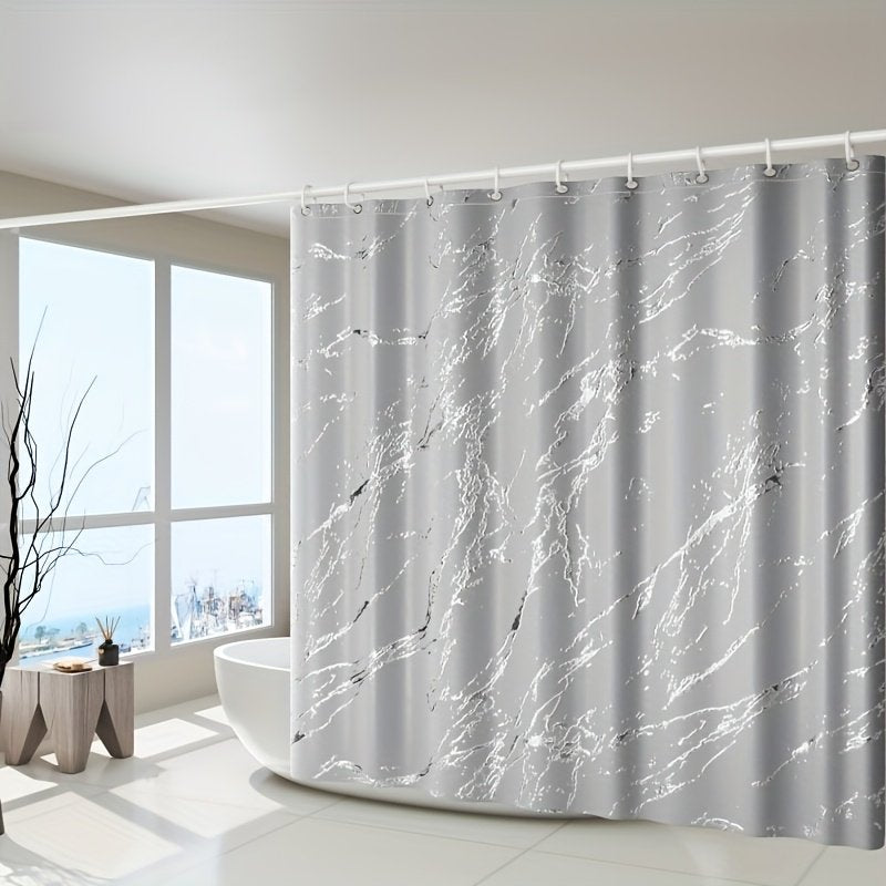 Designer marble effect bathroom curtain in black and silver