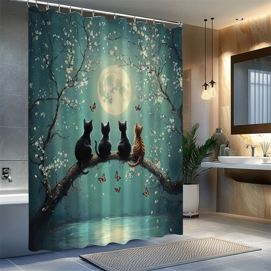 1pc Moonlight Cats Shower Curtain - Surreal Fantasy Digital Art with Four Cats on Blossom Branch, Glowing Full Moon & Teal Sky Butterflies - Machine-Washable Polyester Bathroom Decor (179.98x179.98cm) Includes 12 Hooks - Unique Housewarming Gift, Bathroom Accessories Decor, Enchanting Atmosphere, Vibrant Color Print - image 2