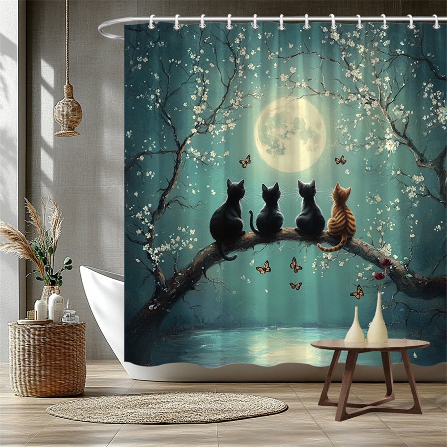 1pc Moonlight Cats Shower Curtain - Surreal Fantasy Digital Art with Four Cats on Blossom Branch, Glowing Full Moon & Teal Sky Butterflies - Machine-Washable Polyester Bathroom Decor (179.98x179.98cm) Includes 12 Hooks - Unique Housewarming Gift, Bathroom Accessories Decor, Enchanting Atmosphere, Vibrant Color Print - image 3