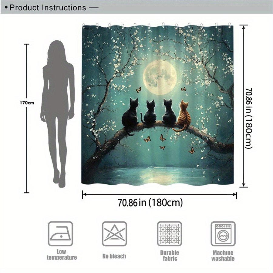 1pc Moonlight Cats Shower Curtain - Surreal Fantasy Digital Art with Four Cats on Blossom Branch, Glowing Full Moon & Teal Sky Butterflies - Machine-Washable Polyester Bathroom Decor (179.98x179.98cm) Includes 12 Hooks - Unique Housewarming Gift, Bathroom Accessories Decor, Enchanting Atmosphere, Vibrant Color Print - image 4