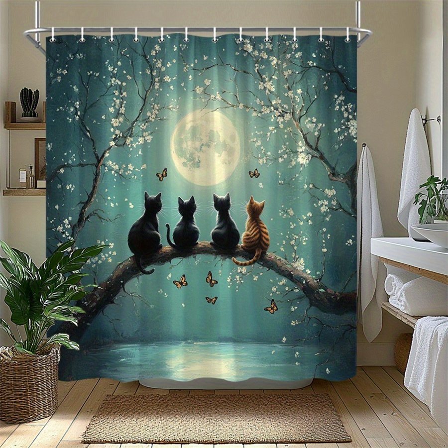 1pc Moonlight Cats Shower Curtain - Surreal Fantasy Digital Art with Four Cats on Blossom Branch, Glowing Full Moon & Teal Sky Butterflies - Machine-Washable Polyester Bathroom Decor (179.98x179.98cm) Includes 12 Hooks - Unique Housewarming Gift, Bathroom Accessories Decor, Enchanting Atmosphere, Vibrant Color Print - image 5
