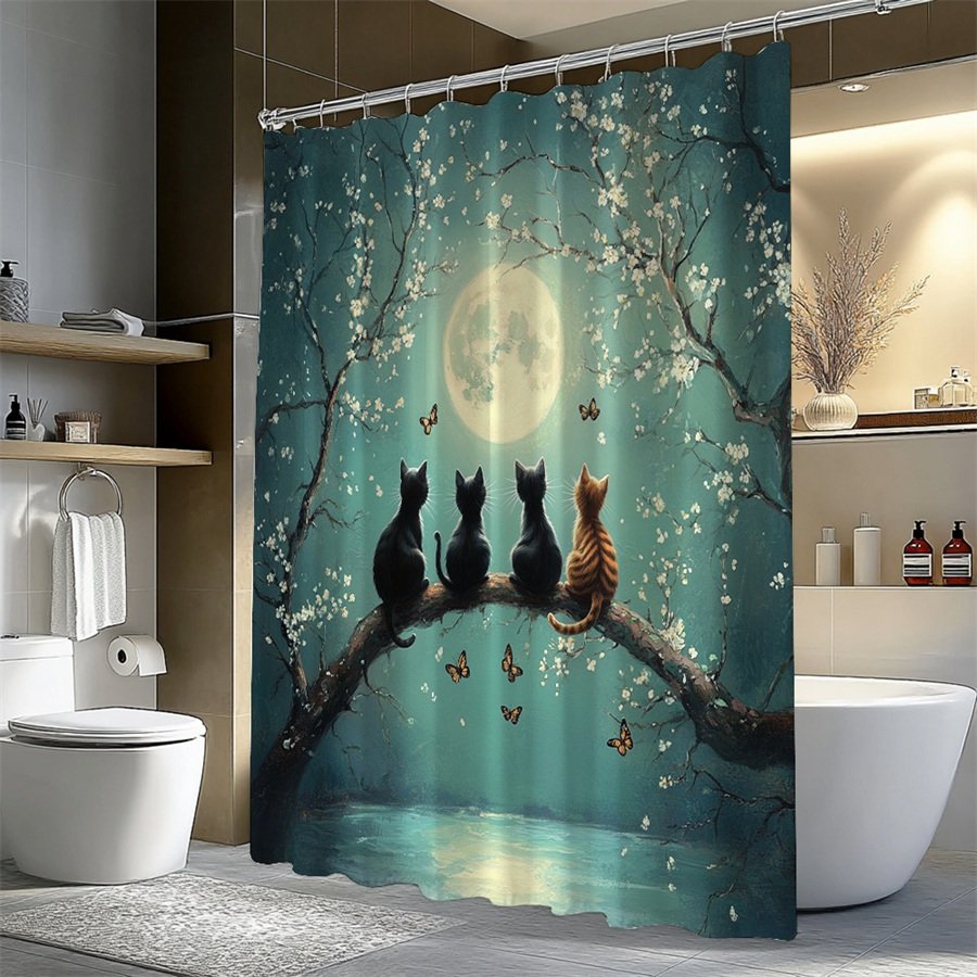 1pc Moonlight Cats Shower Curtain - Surreal Fantasy Digital Art with Four Cats on Blossom Branch, Glowing Full Moon & Teal Sky Butterflies - Machine-Washable Polyester Bathroom Decor (179.98x179.98cm) Includes 12 Hooks - Unique Housewarming Gift, Bathroom Accessories Decor, Enchanting Atmosphere, Vibrant Color Print - image 6