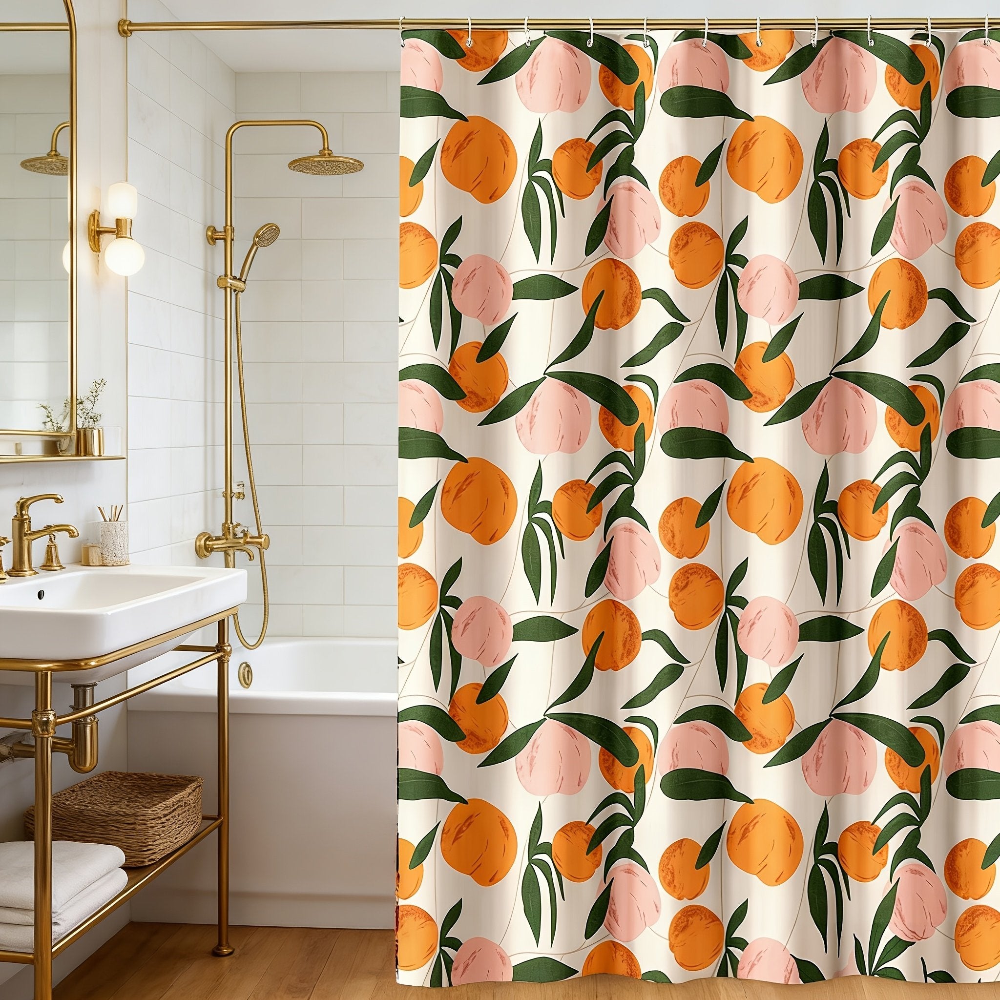 1pc Pure Polyester Digital Print Cartoon Peach Shower Curtain, Decorative with 12 Plastic Hooks - image 1