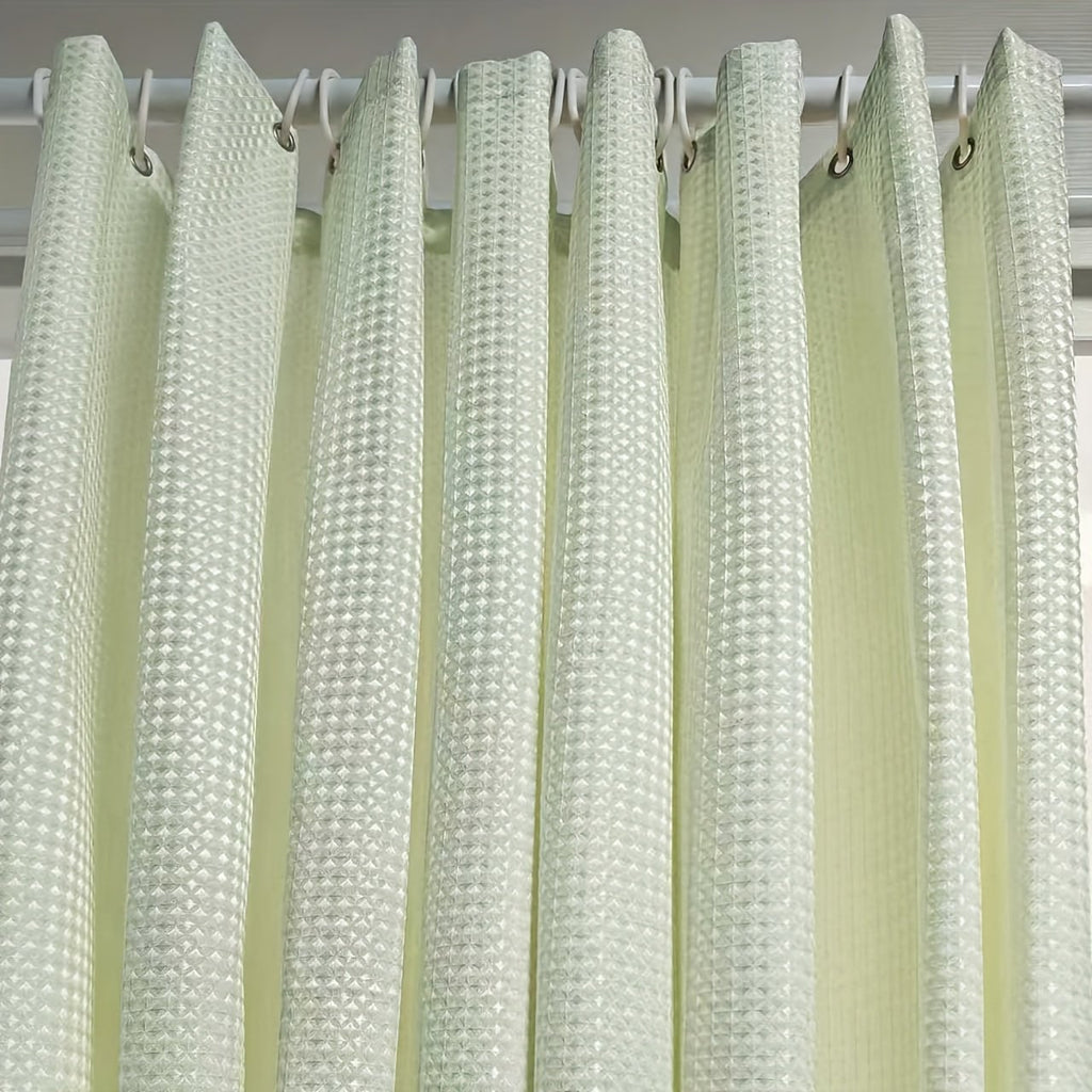 Cream green waffle weave bathroom curtain in spa-style bathroom