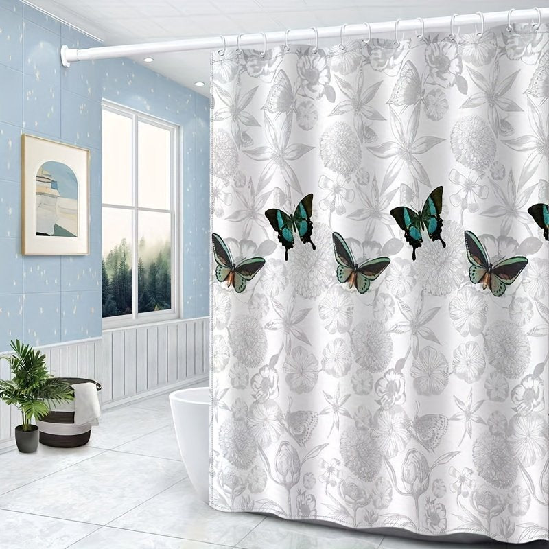 Grey butterfly pattern shower curtain in washable polyester