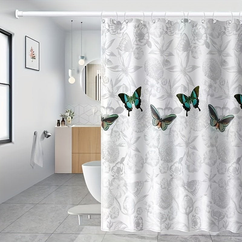 Thickened grey butterfly shower curtain hanging over bathtub