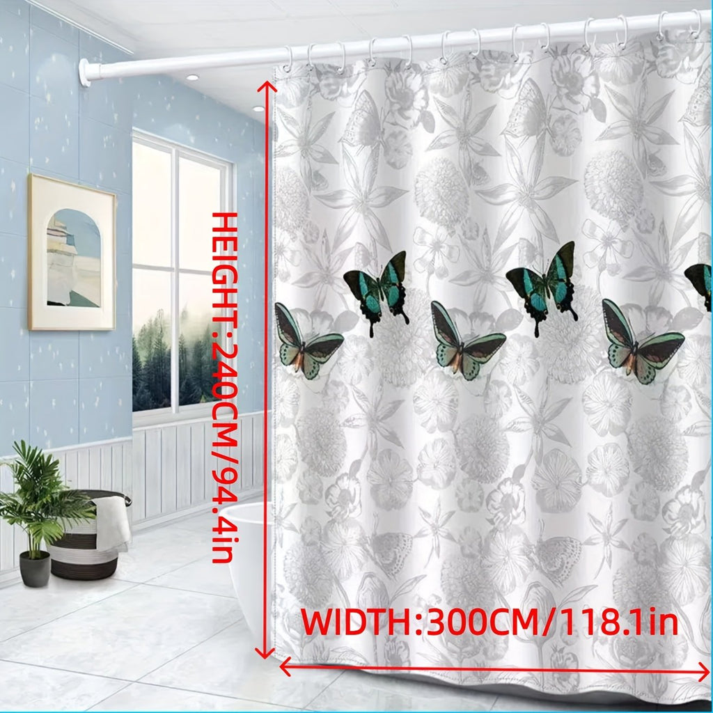 Close-up of grey butterfly print on polyester bathroom curtain