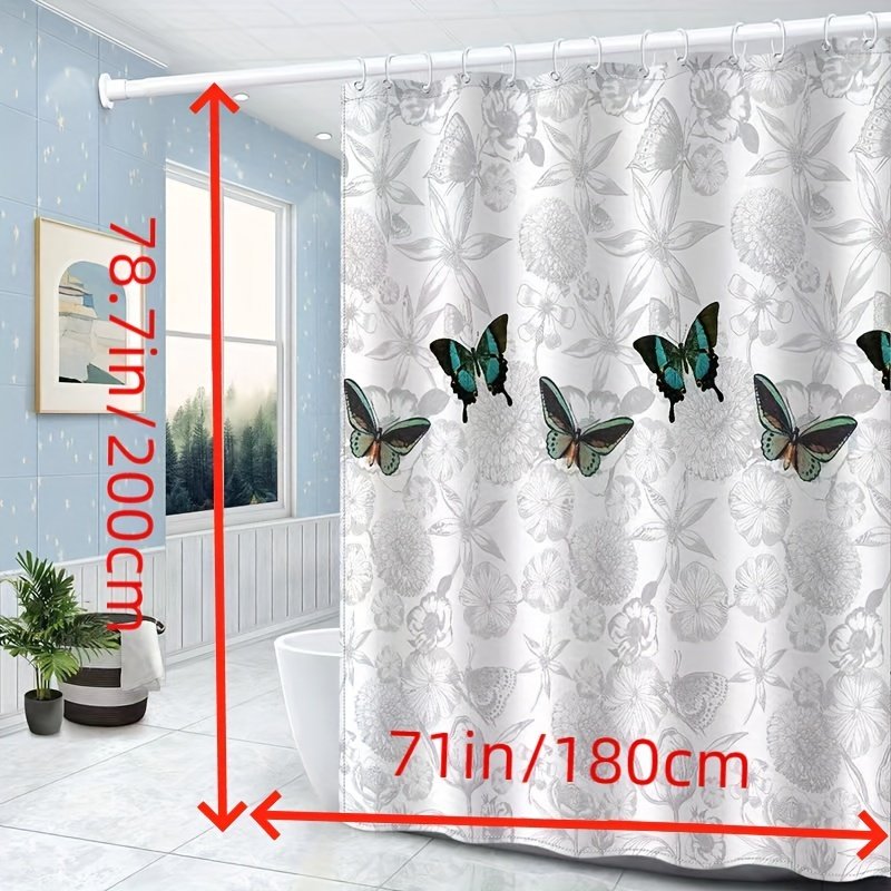 No-hole hanging butterfly shower curtain for wet dry separation