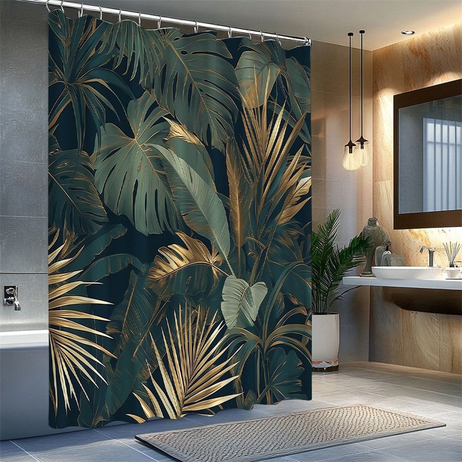 1pc Tropical Jungle Shower Curtain Large Lush Green Leaves Monstera Palm Golden Metallic Accents Dark Green Background Modern Botanical Luxurious Bathroom Decor Moving Gift 177.8X177.8cm 12 Hooks - image 2